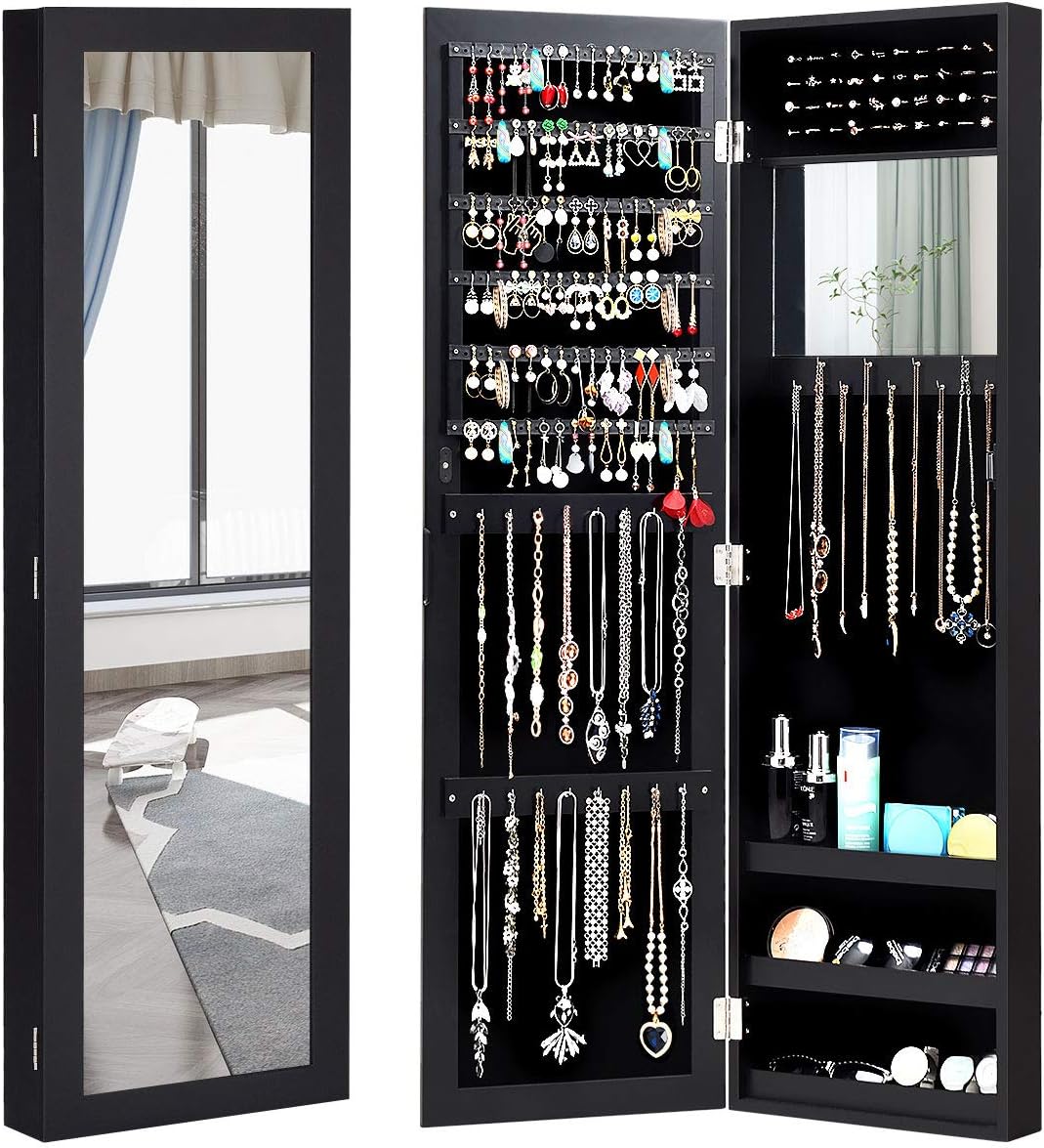 Giantex Wall Mounted Jewelry Cabinet with Full Length Mirror, Over The Door Jewelry Armoire Organizer with Large Storage, Makeup Mirror & Velvet Lining (Black)
