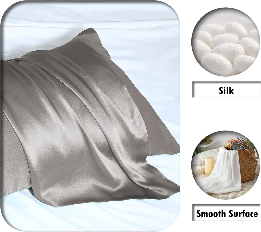 Natural Mulberry Silk Pillowcase for Hair and Skin Queen Size 20"X30" Silk Pillow Case with Hidden Zipper Soft Breathable Smooth Cooling Silk Pillow Covers for Sleeping(Gray,Queen,1Pcs)