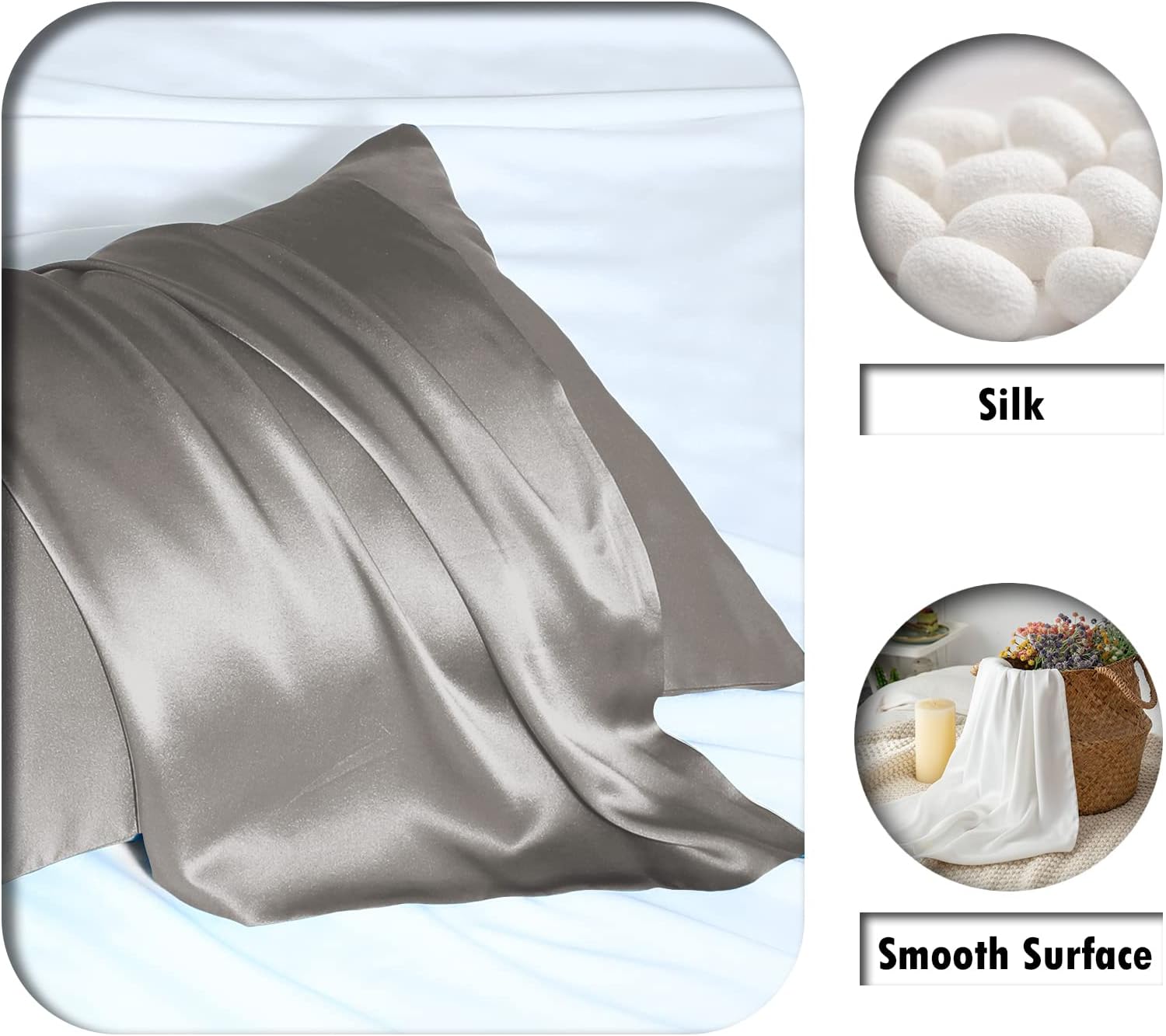 Natural Mulberry Silk Pillowcase for Hair and Skin Queen Size 20"X30" Silk Pillow Case with Hidden Zipper Soft Breathable Smooth Cooling Silk Pillow Covers for Sleeping(Gray,Queen,1Pcs)