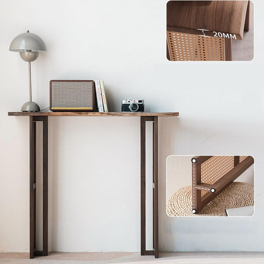 Rustic Console Table with Solid Wood Tabletop and Rattan Table Legs Narrow Sh...