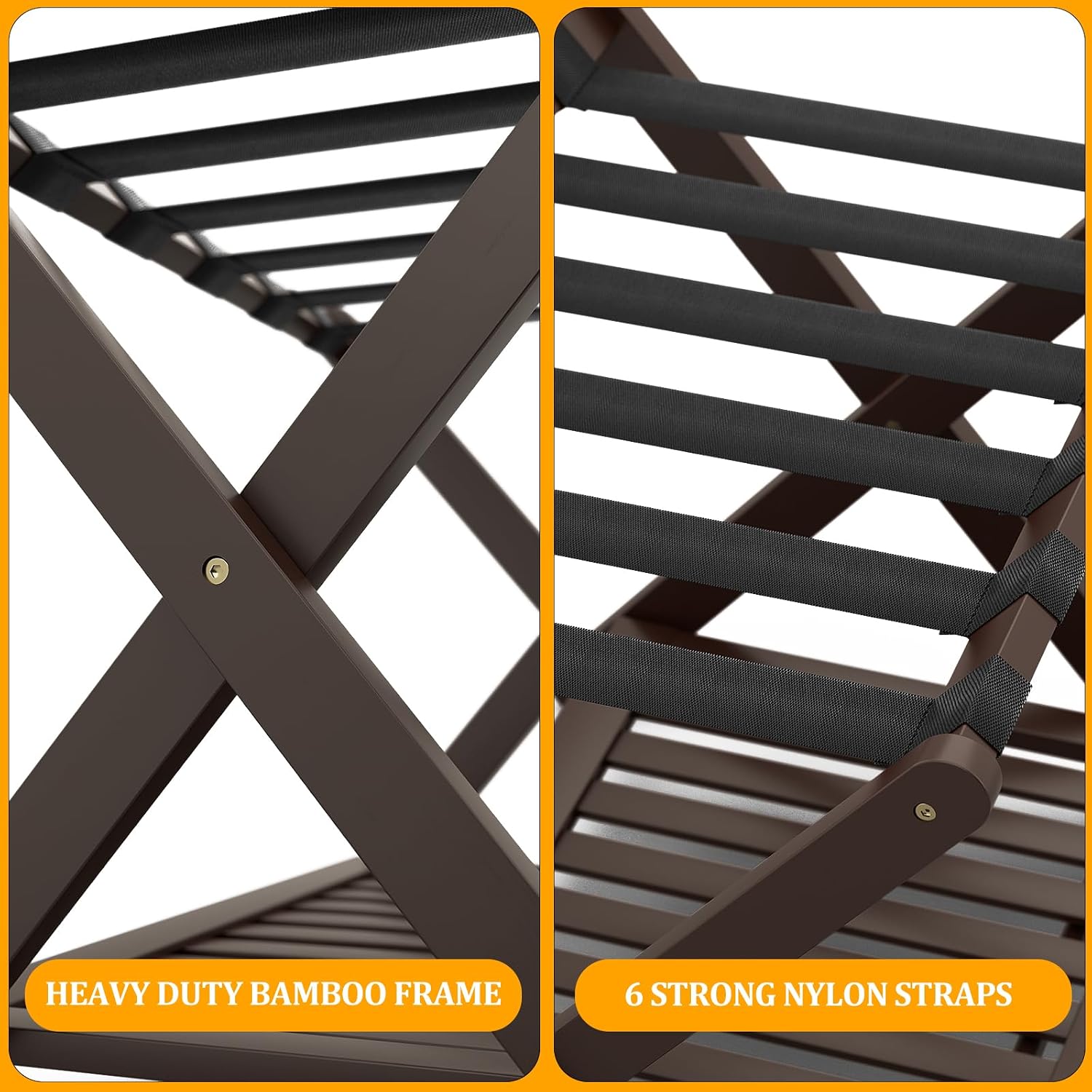 Bamboo Luggage Racks Set of 2, Fully Assembled Luggage Rack for Guest Room, Folding Suitcase Stand with Shoe Shelf, Heavy Duty Luggage Holder for Suitcases, Dark Brown