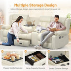 Recliner Sofa with Storage Console, Flip Middle Backrest Design PU Leather 3 Seat Reclining Sofa with Storage Drawer, Manual Couch for Living Room (Ivory, 3 Seater + Console)