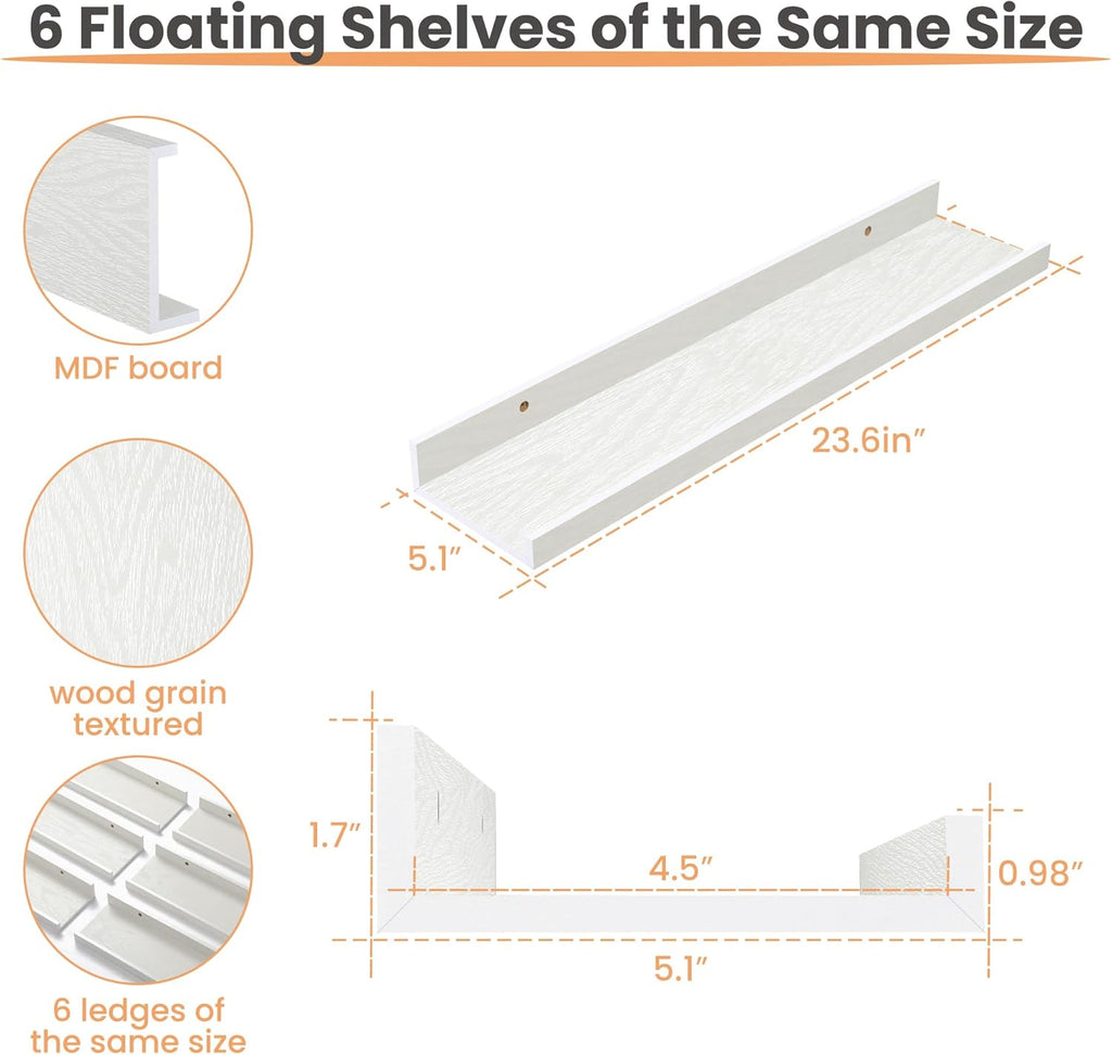 upsimples Floating Shelves for Wall, 23.6 Inch Shelves for Decor Storage Set of 6, Wall Mounted Wood Shelf for Bedroom, Living Room, Bathroom, Kitchen, Long Picture Ledge Shelves, White
