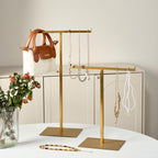 Display Stand Stainless Steel Jewelry Towers Bag Stand Tabletop Double Hook Hanging Jewelry Stands for Necklaces Organizer Stand Adjustable Height Home Store Boutique, Gold