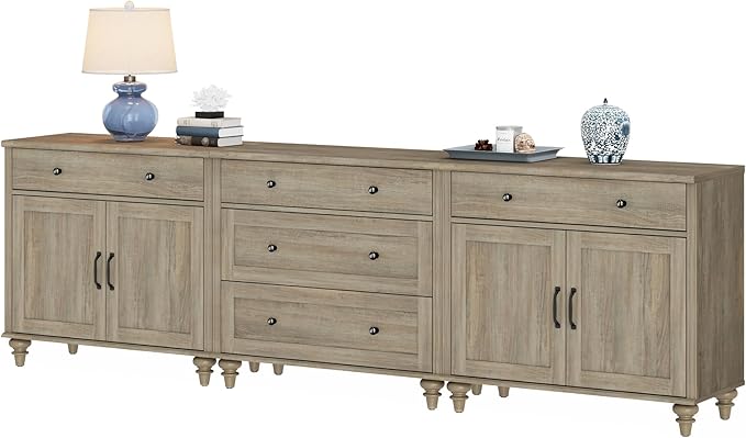 WAMPAT Farmhouse TV Stand for 100 Inch TV, 3-in-1 TV Console Table with 5 Drawers and 4 Doors, Entertainment Center for 75/80/85/90 Inch TV, Kitchen Sideboard Buffet Cabinet for Dining Room, Grey Wash