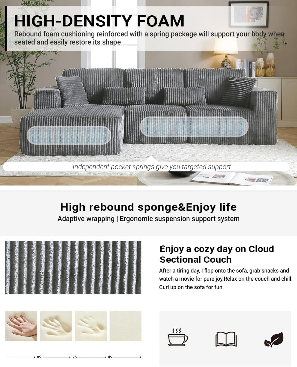 Cloud Sectional Couch, 110 Inch Modern Modular Sectional Sofa with Deep Seat, Corduroy Boneless Couches with L-Shape Left Chaise for Living Room Bedroom, No Assembly Required