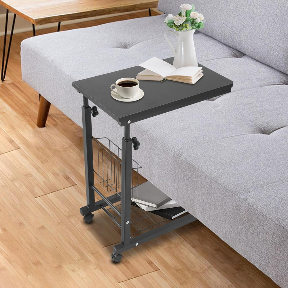 Adjustable Side Table, Modern Dual Shelves Rolling Side Table with 4 Brake Wh...