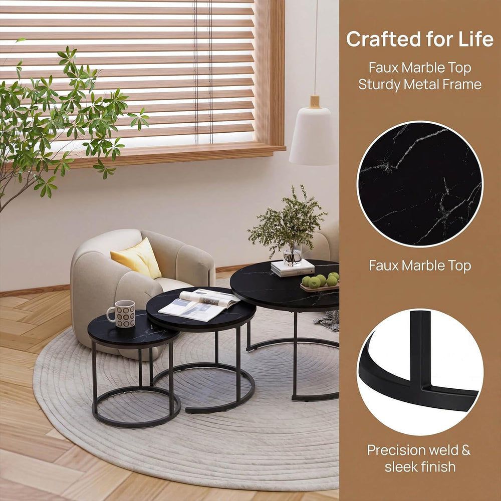Nesting Coffee Table Set of 2, Round Nesting Tables with Marble-Look Top and ...