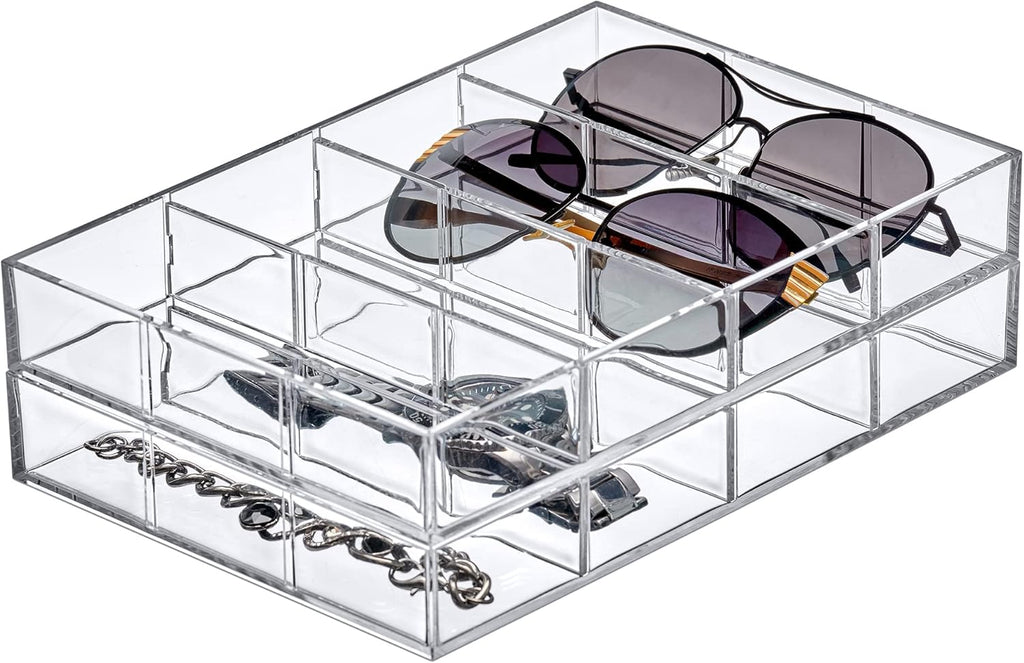 Amazing Abby - Soleil - 2-Pack Acrylic 4-Compartment Sunglass Organizer, Plastic Eyeglass Display Case, Transparent Jewelry Storage Tray, Clear Beauty Supply Holder, Great for Bedroom and Bathroom