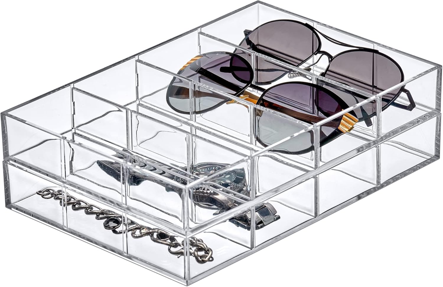 Amazing Abby - Soleil - 2-Pack Acrylic 4-Compartment Sunglass Organizer, Plastic Eyeglass Display Case, Transparent Jewelry Storage Tray, Clear Beauty Supply Holder, Great for Bedroom and Bathroom