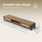 Fenge Dual Monitor Stand for Desk - Long Wooden Riser With Rattan Woven Drawer, 2 Tier Desk Shelf for 2 Monitors, Vintage Computer Stand for Laptop, Printer, TV