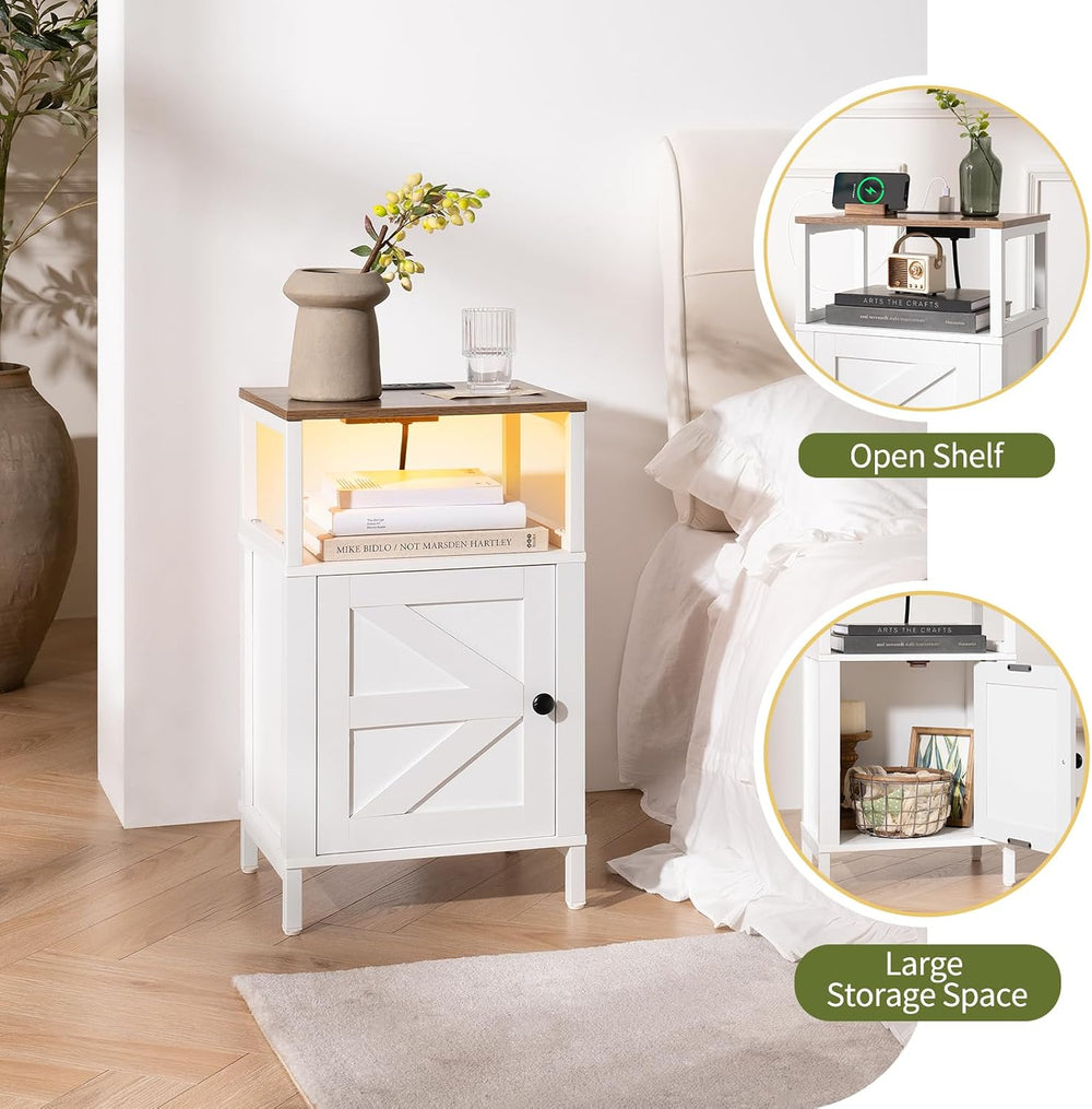 Yoobure Farmhouse NightStand with Charging Station，Wood Night Stand End Table...