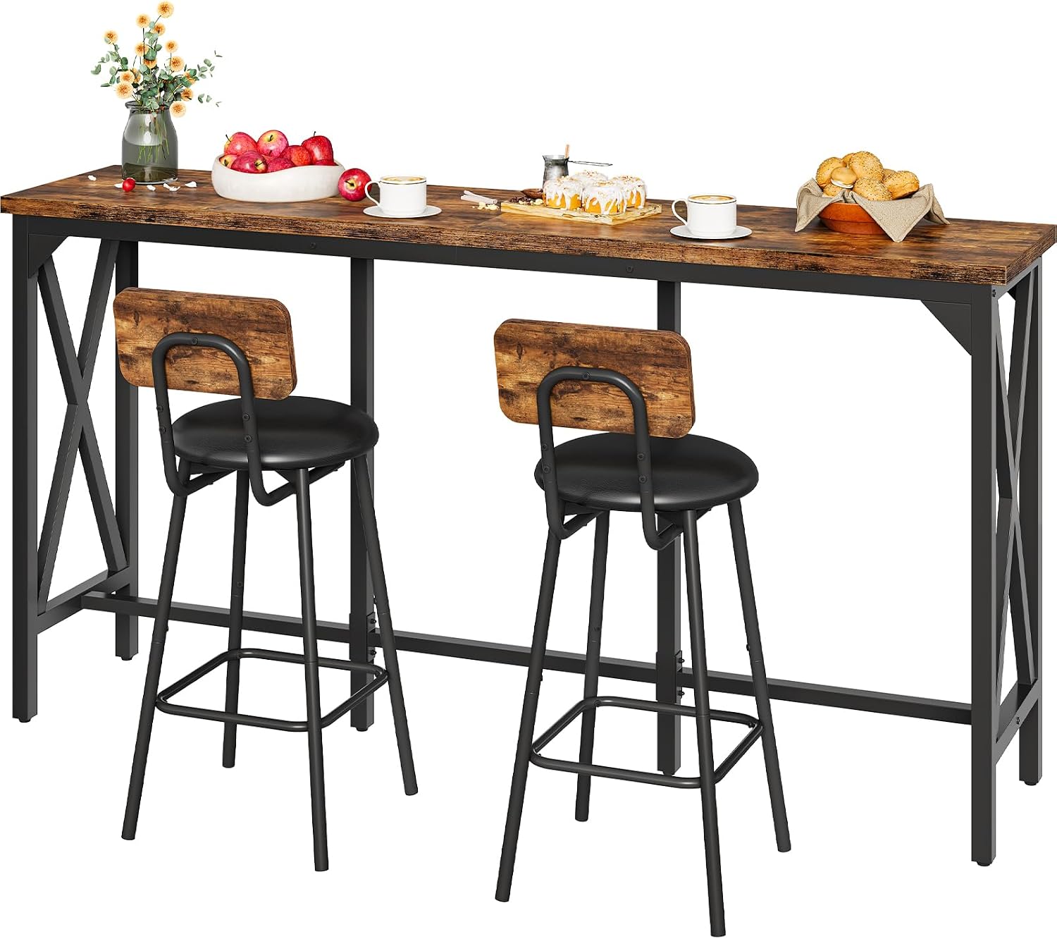 CHOEZON Bar Table and Chairs Set, Counter Height Table and Chairs, with X-Shaped Supports, 1 Pub Table and 2 Chairs, for Dining Room, Living Room, Home Bar, Rustic Brown and Black TBT18BF