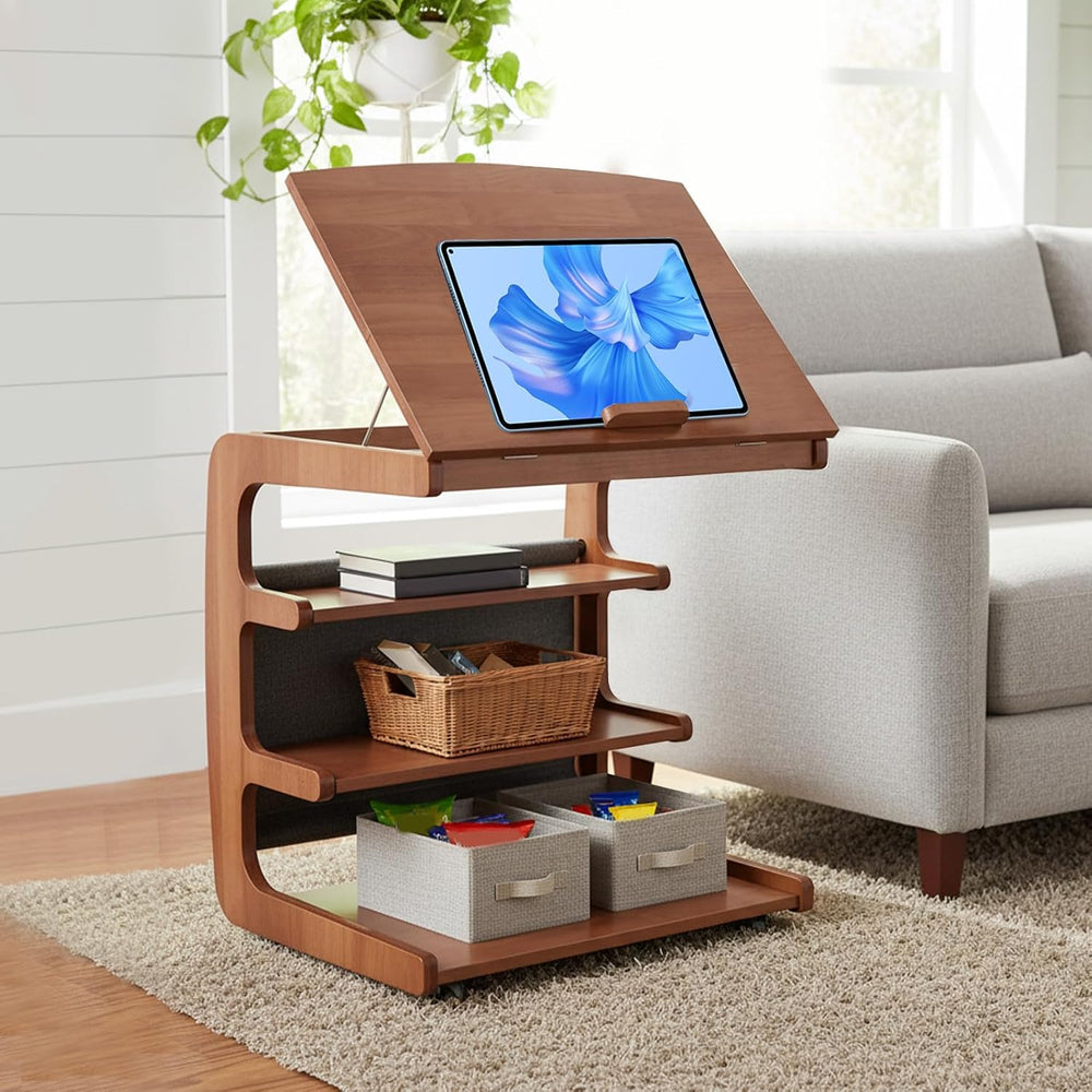 C-Shaped End Table with 2 Lockable Wheels 4-Tier Small Side Table with Storag...