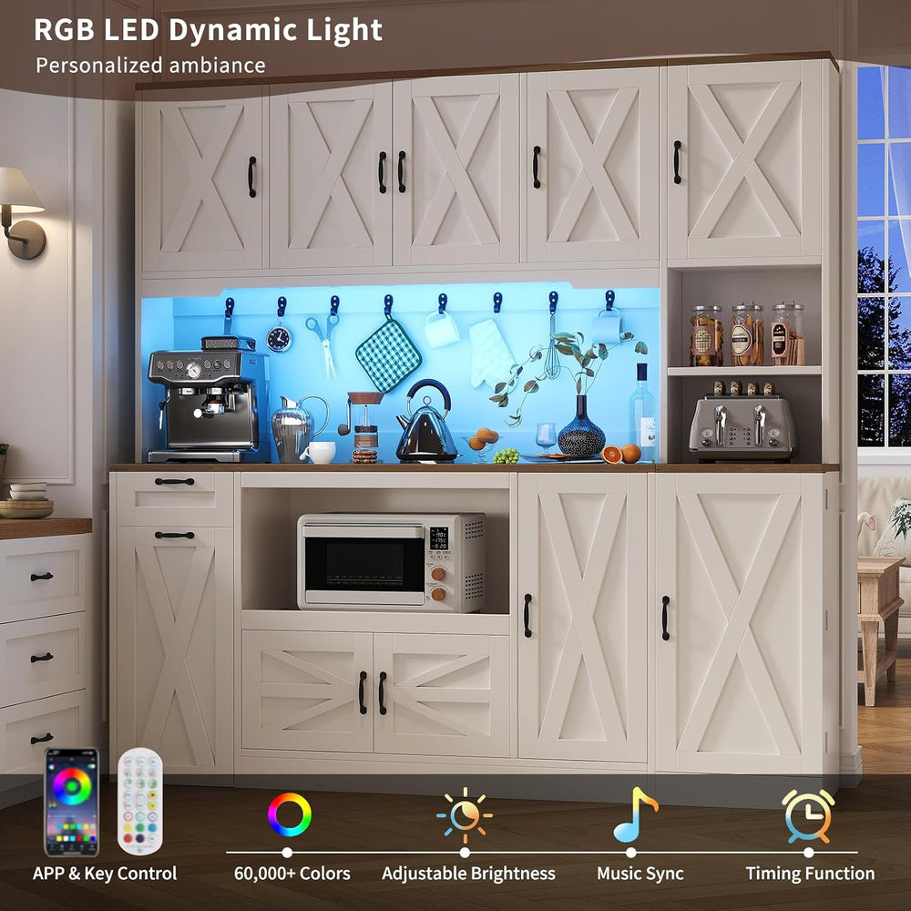 70.87" Kitchen Pantry Cabinet with LED Lighting & Charging Station, ...