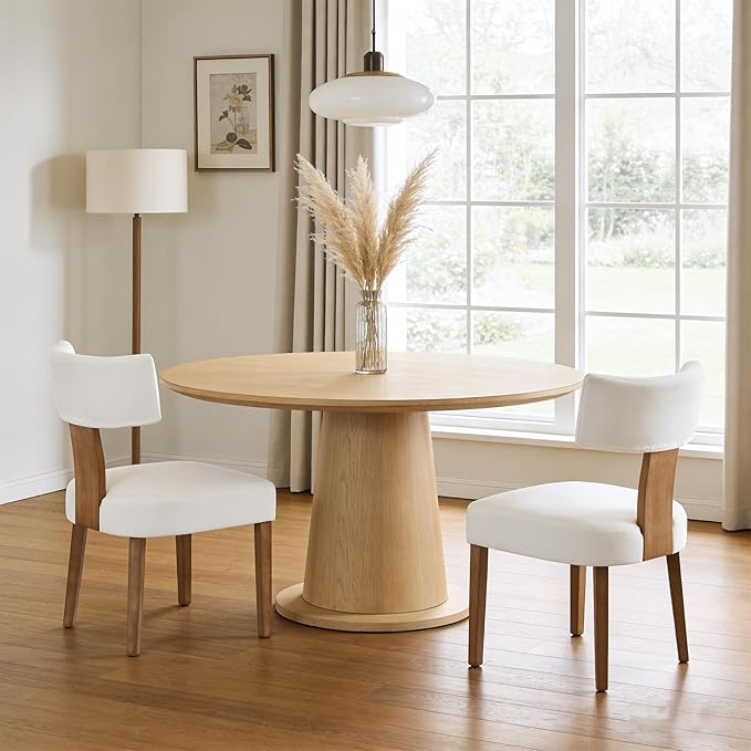 Modern Dining Chairs Set of 2, Upholstered Kitchen Chair with Curved Back, Farmhouse Linen Fabirc Dining Room Chairs Comfy Wood Chairs for Living Room/Home Office/Reception, Cream