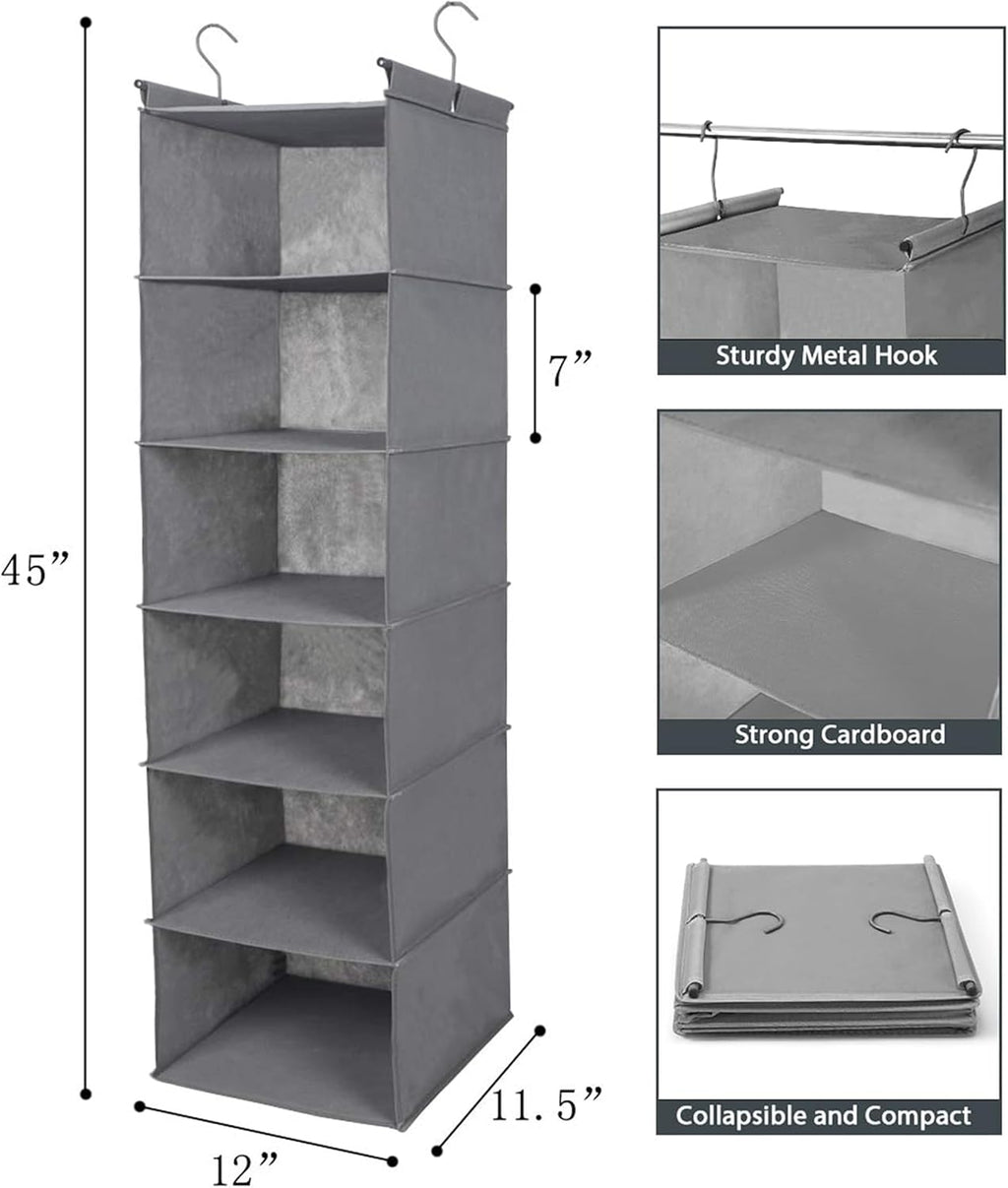 MAX Houser 6 Tier Shelf Hanging Closet Organizer, Closet Hanging Shelf with 2 Sturdy Hooks for Storage, Foldable (Grey)