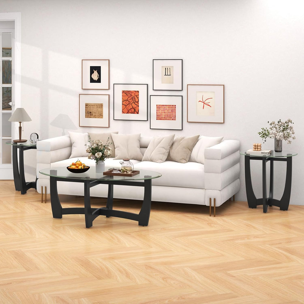 Giantex Glass End Tables Set of 2, Round Side Tables with Rubber Wood Frame &...