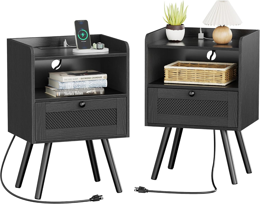 SUPERJARE Nightstands with Charging Station, Bedside Table Set of 2 with Texi...