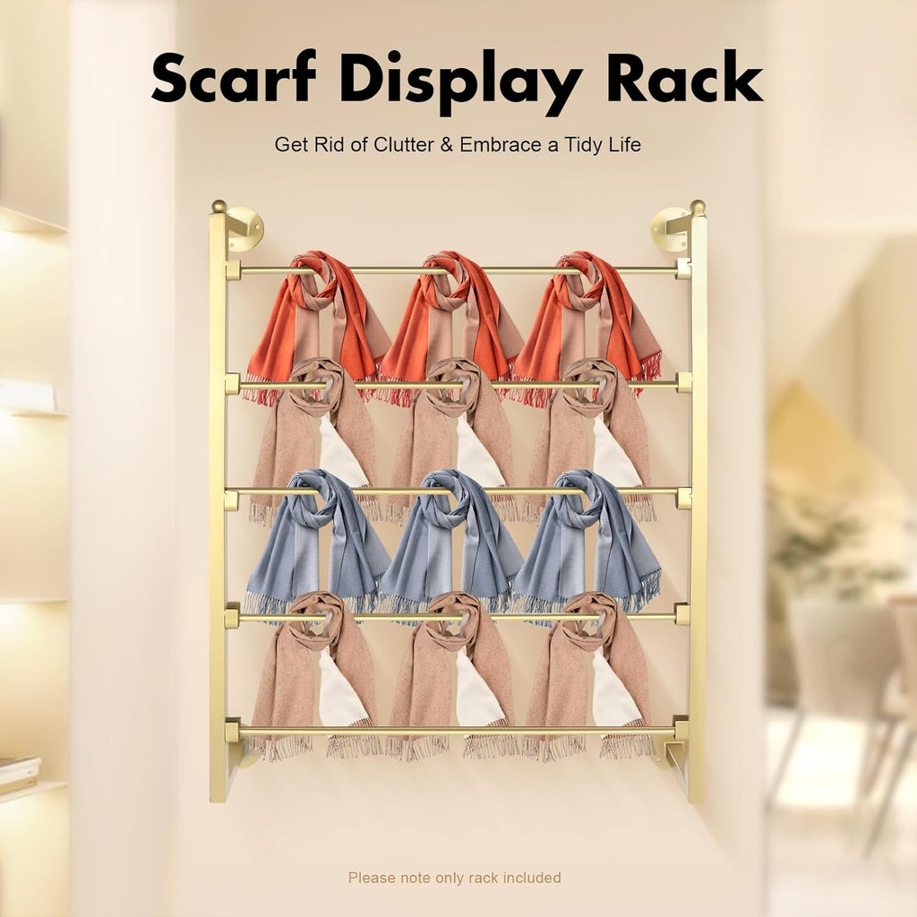 Wall Mounted Scarf Rack, 5 Tier Ties Silk Scarves Towels Storage Multifunctional Metal Rack, Space-Saving Wrapping Paper Organizer Ribbon Holder for Flower Shops Gold