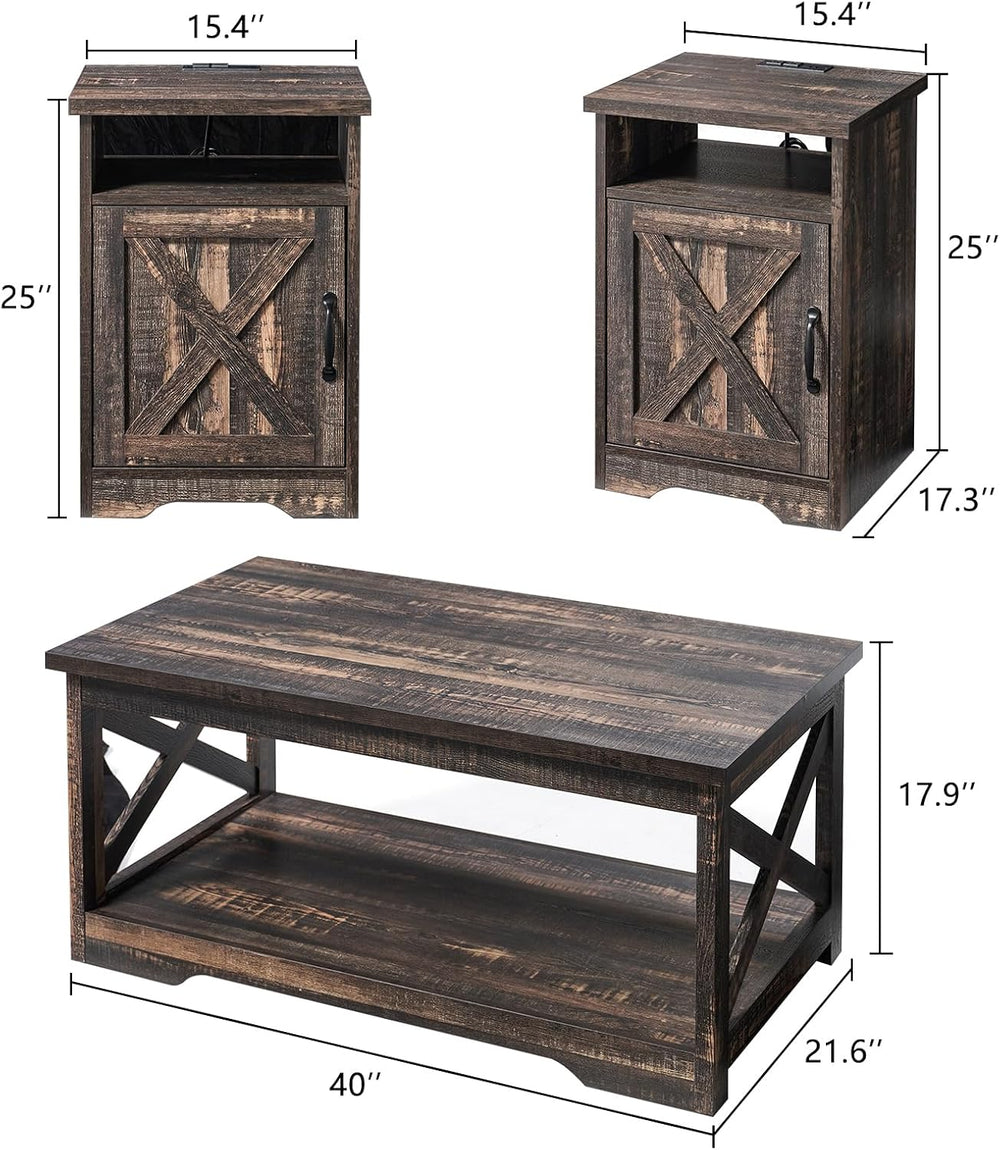 AMERLIFE 3 Piece Farmhouse Living Room Coffee Table Set, Dark Oak | Coffee Ta...