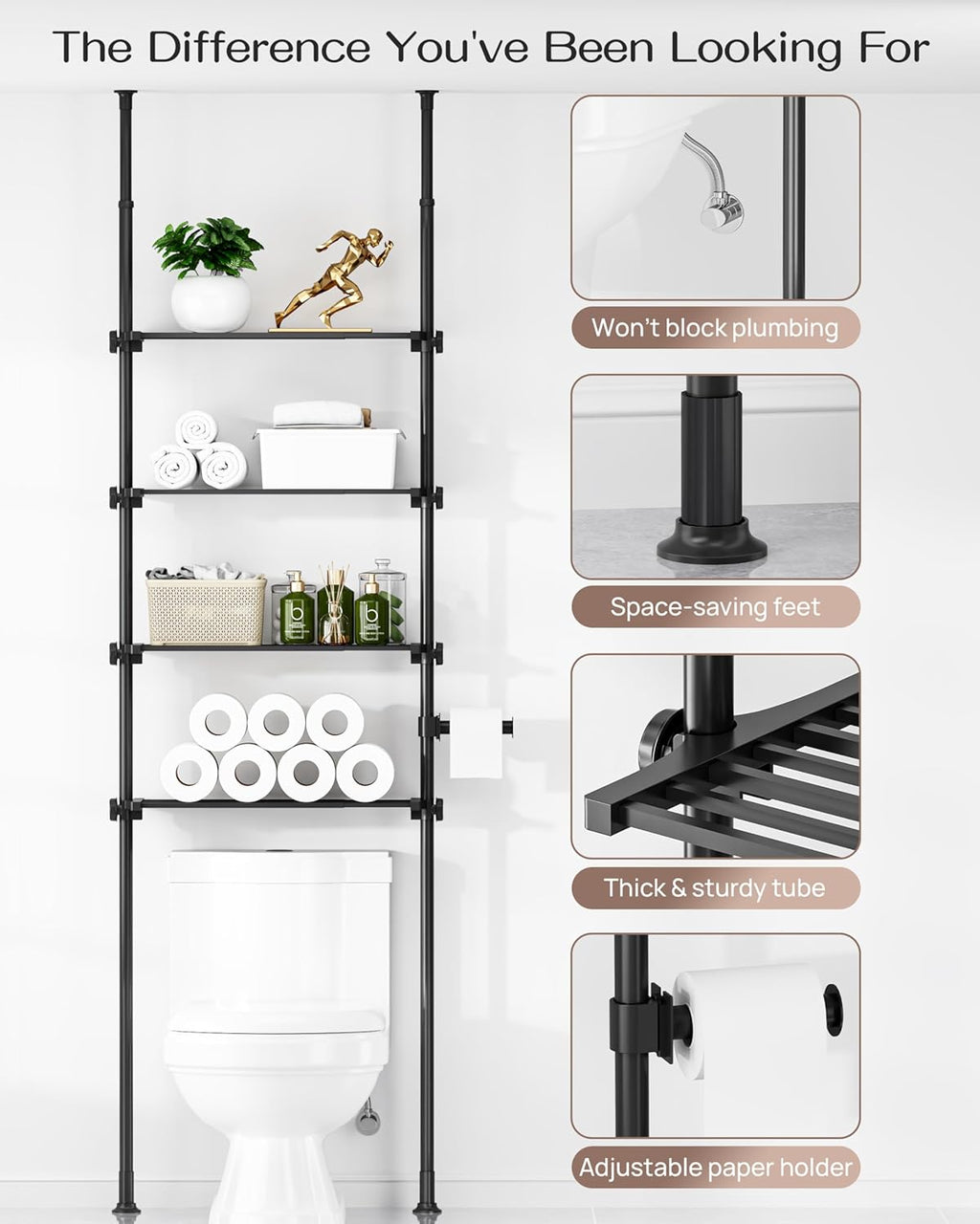 ALLZONE Adjustable Over The Toilet Storage Shelf, 4-Tier Ample Over Toilet Bathroom Organizer and Storage,Tension Mounted Above Toilet Storage Cabinet for Versatility, Fits 64-113 Inch Heights, Black