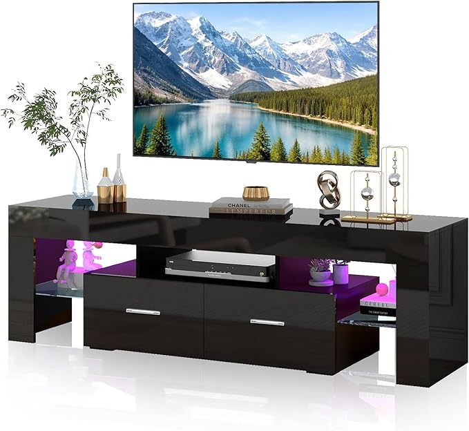 Black 63 Inch Floating TV Stand with Two Drawers & 16-Color LED Lights, Large Modern Entertainment Center for TVs Up to 75 Inches, Wooden Media Console with Open Shelf