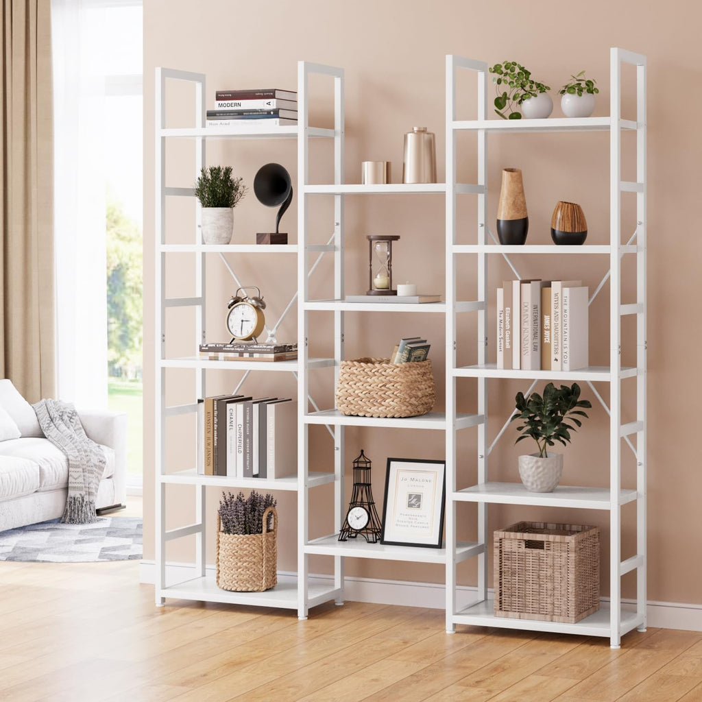 NUMENN Triple Column 5 Tier Bookshelf with 14 Adjustable Shelves, White | Metal Frame & Wood Shelves, Open Freestanding Storage Unit with Supporting Bars for Bedroom, Living Room and Home Office