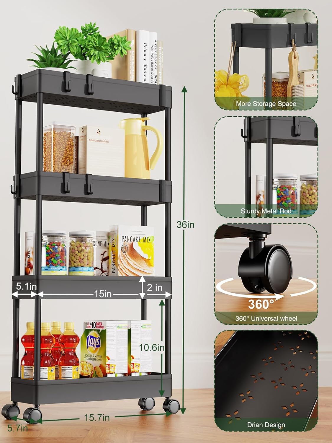 LEHOM 5.1" Slim Storage Cart - 4 Tiers Bathroom Organizer Mobile Shelving Unit Storage Rolling Utility Cart Slide Out Organizer for Kitchen Bathroom Laundry Narrow Places