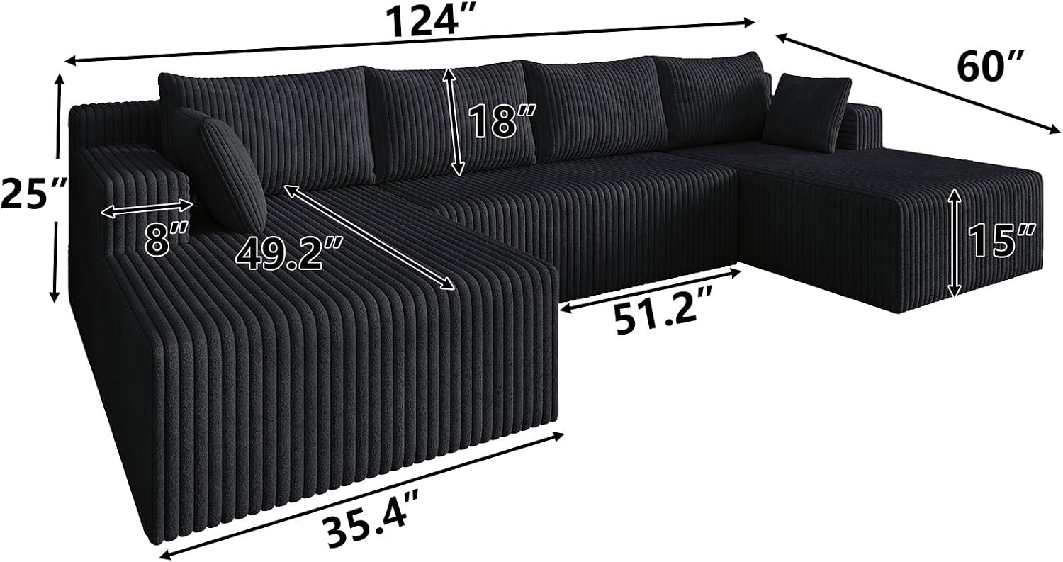 124 Inch Oversized Boneless Sectional Sofa Cloud Couch for Living Room - Symmetrical U Shaped Modular Couches Set with Double Chaise, No Assembly Floor Compression Sofa & Couch