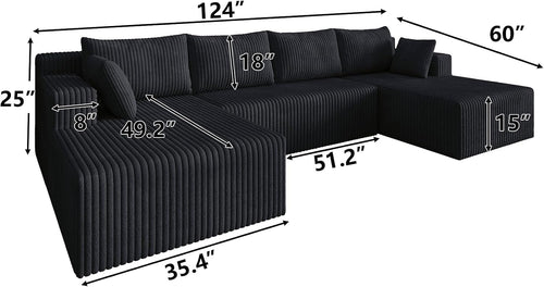 124 Inch Oversized Boneless Sectional Sofa Cloud Couch for Living Room - Symmetrical U Shaped Modular Couches Set with Double Chaise, No Assembly Floor Compression Sofa & Couch