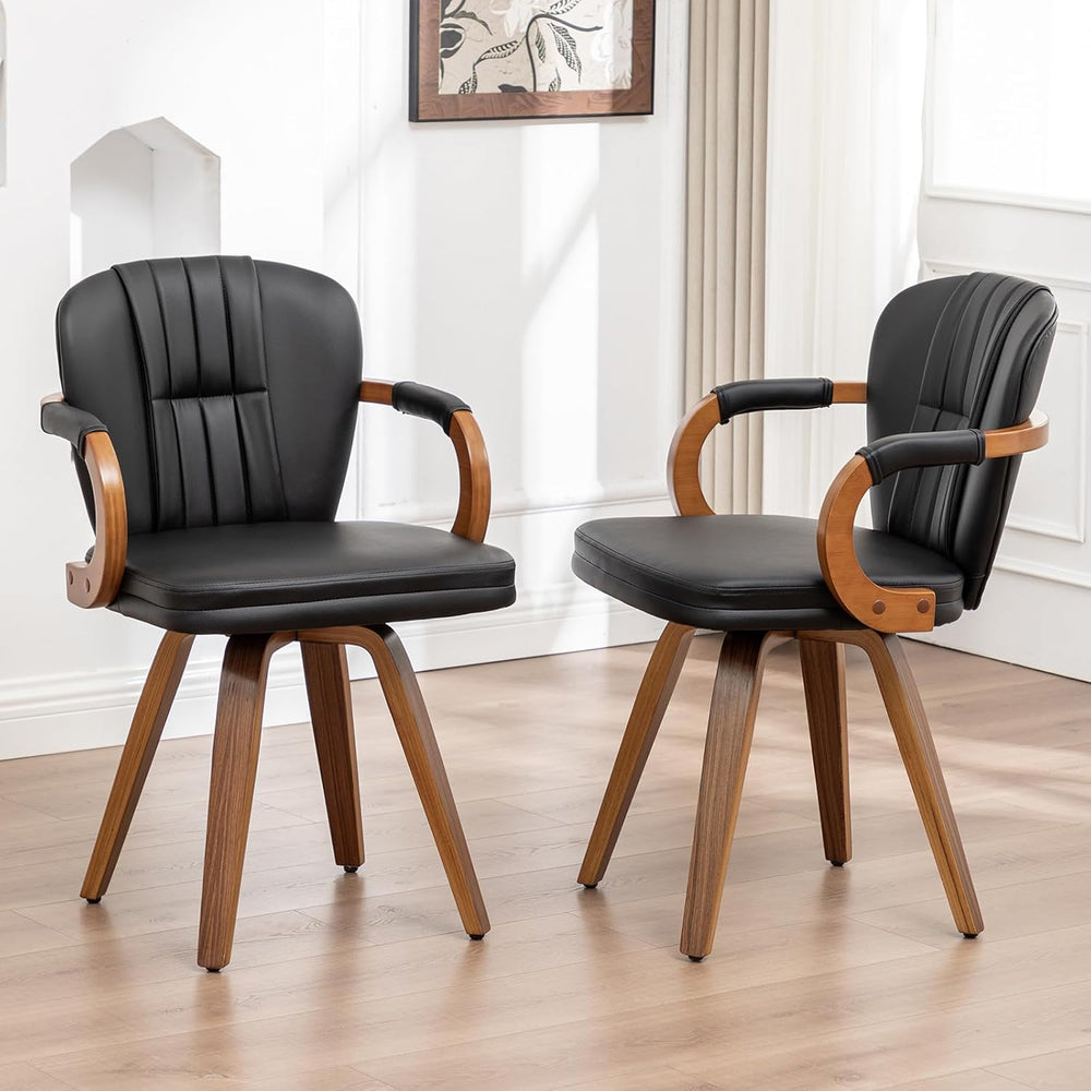 Swivel Dining Chairs Mid Century Modern Black Faux Leather Upholstered Kitche...