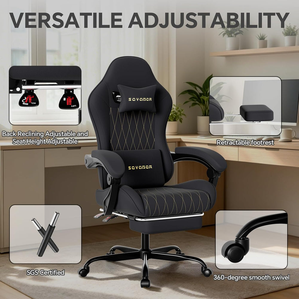 Breathable Fabric Gaming Chair with Footrest, Ergonomic High Back Computer Ch...