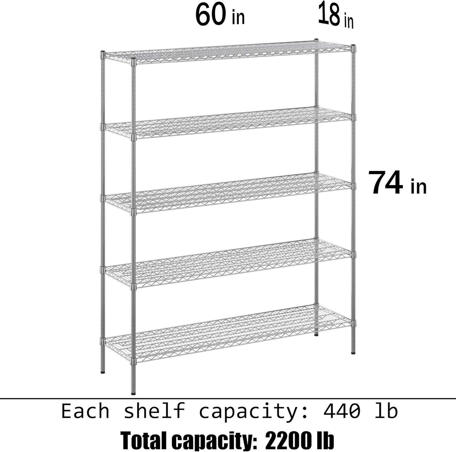 18" Deep x 60" Wide x 74" Height Wire Shelving Kit | 5-Tier | NSF Commercial Storage Rack Unit