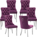 Mid Century Modern Dining Chairs Set of 6, Purple Velvet Upholstered Tufted Back, Kitchen & Dining Room Chairs, Brushed Silver Metal Legs, Nailhead Trim, Sillas para Comedor (Purple, 6 Pcs)