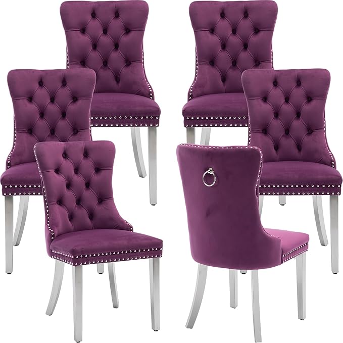 Mid Century Modern Dining Chairs Set of 6, Purple Velvet Upholstered Tufted Back, Kitchen & Dining Room Chairs, Brushed Silver Metal Legs, Nailhead Trim, Sillas para Comedor (Purple, 6 Pcs)