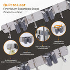 Heavy-Duty Stainless-Steel Broom Holder Wall Mount with 4 Racks and 5 Hooks | Rust Resistant Mop and Broom Hanger | Adjustable, Garage & Garden Tool Organizer | Silver Color
