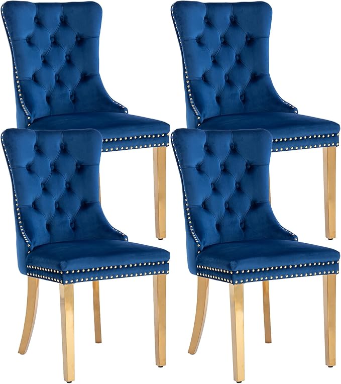 Blue Velvet Dining Chairs Set of 4, Dining Room Chairs Set of 4, Tufted Upholstered Dining Room Chair, Back Ring Pull Trim, Golden Stainless Steel Legs, Blue