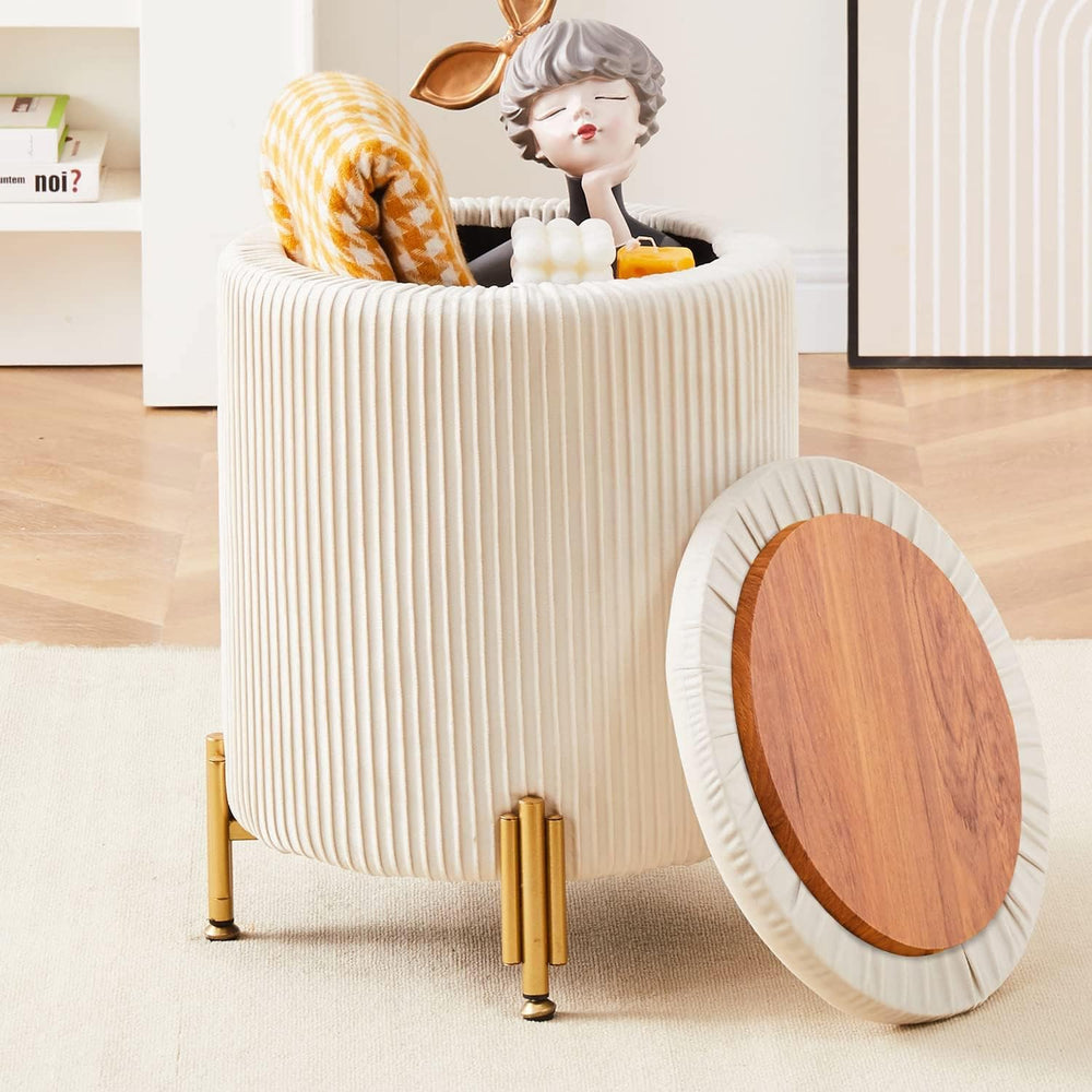Round Ottoman Foot Stool with Storage and Metal Legs for Living Room Bedroom,...