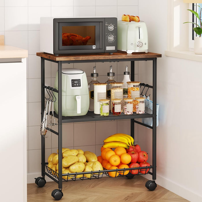 SWTYMIKI Rolling Kitchen Microwave Cart - 3 Tier Microwave Table Stand with Storage Basket and Hooks, Kitchen Utility Cart on Wheels, Coffee Cart Shelf Rack Organizer for Living Room Office, Balcony
