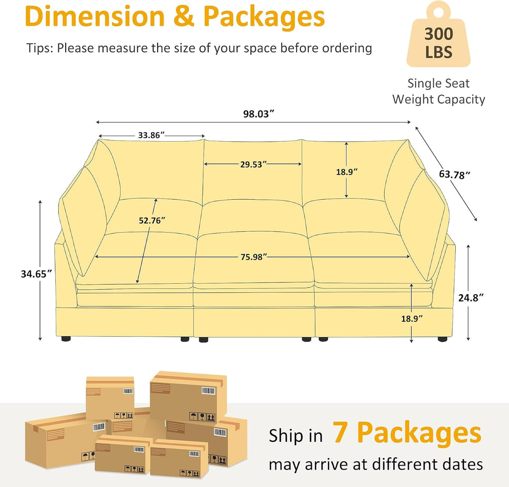 98" Cloud Modular Sectional Sofa Couches with Ottoman, Ivory White | Oversized Modern Sleeper Sofa with Deep Seat Double-Layer Thick Cushion, Convertible Upholstered Sofa Set for Living Room