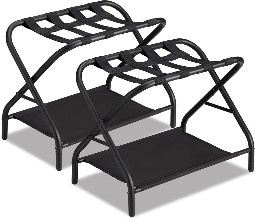 Luggage Rack Set of 2, Foldable Suitcase Stand with Fabric Storage Shelf Easy Assemble Metal Luggage Holder with Straps for Guest Room Bedroom Hotel, Black