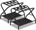 Luggage Rack Set of 2, Foldable Suitcase Stand with Fabric Storage Shelf Easy Assemble Metal Luggage Holder with Straps for Guest Room Bedroom Hotel, Black