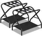 Luggage Rack Set of 2, Foldable Suitcase Stand with Fabric Storage Shelf Easy Assemble Metal Luggage Holder with Straps for Guest Room Bedroom Hotel, Black