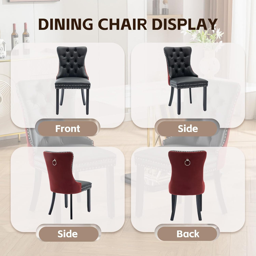 3-Pieces Dining Sets, 31.5" Round Dining Table Set with 2 Velvet Upholstered Dining Chairs,Wooden Legs Design for Kitchen Dining Room Apartment Small Space(1 Black Table with 2 Black&Wine Red Chairs)