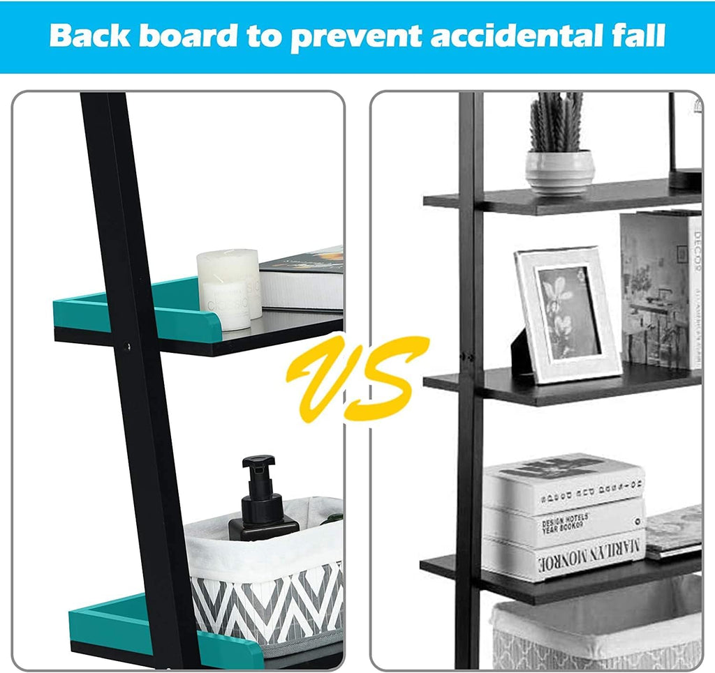 Ladder Shelf, 5-Tier Wall-Leaning Bookshelf, Rustic Wood Ladder, Storage Rack Shelves, Multipurpose Organizer Rack for Living Room, Bathroom, Office (Black)