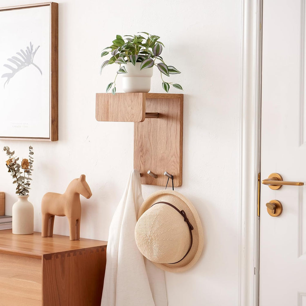 Oak Wood Coat Rack Wall Mount with 8 Inch Long Entryway Wall Shelf and 3 Hooks, Floating Shelf with Hooks for Bathroom, Hallway, Living Room