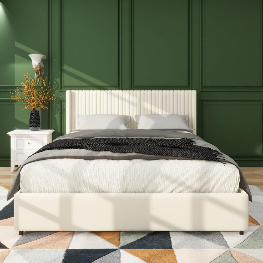 Ivory Velvet Upholstered Wingback Platform Bed with 2 Drawers, Queen Size Sto...