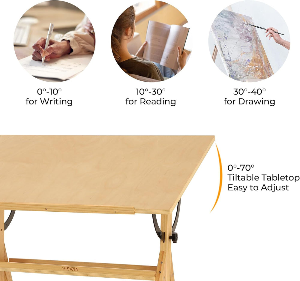 VISWIN Wood Drafting Table for Adults, Drawing Table with Adjustable Angle &a...