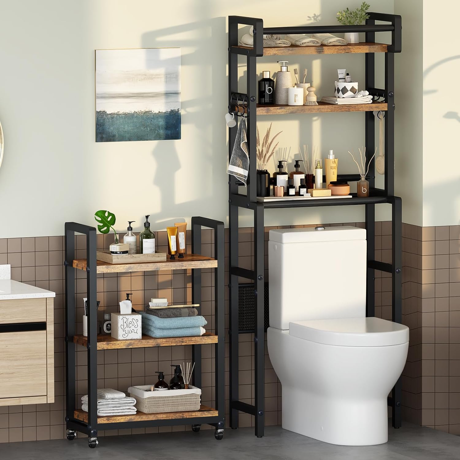 Recaceik 6-Tier Over The Toilet Storage Shelf with Cart, Freestanding Above Toilet Shelf Rack, Farmhouse Bathroom Organizer Shelves, Space Saver (Brown)